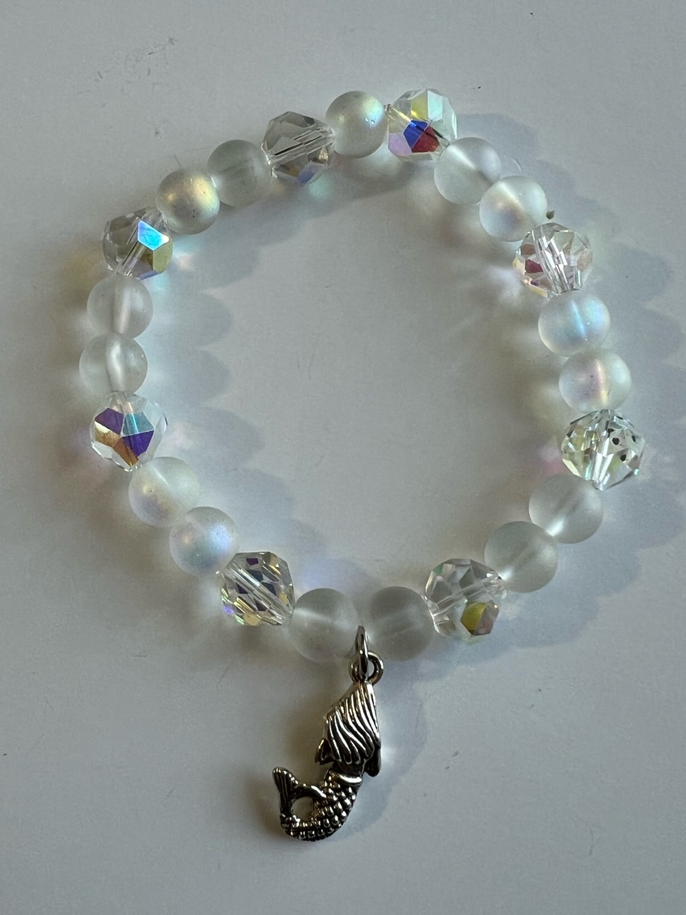 Iridescent Beaded Bracelet with Mermaid Charm / Coastal / Beachy handcrafted - Picture 4 of 7
